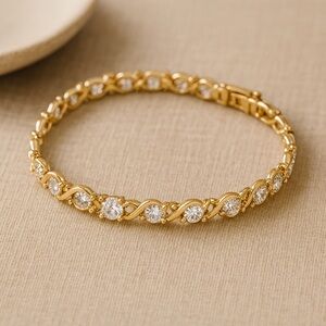 Vintage 14K Gold Over 925 Silver CZ Station Infinity Bracelet EUC 7" #185